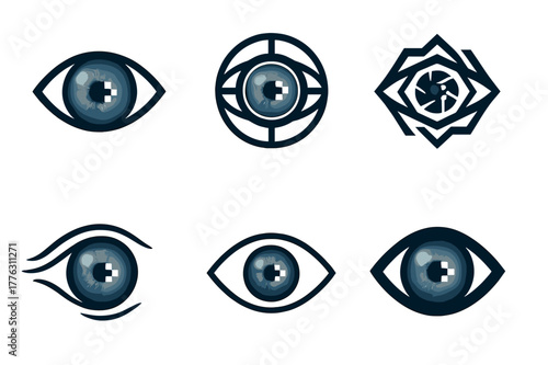 AI Eye Logos. AI realism. Set Logo of AI realism: photoreal eye with pixel aperture. Icon set. harmonious logo variations of the same emblematic concept, each