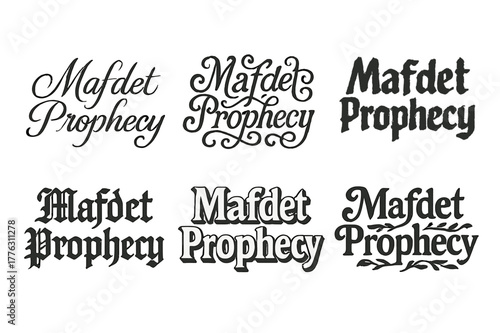 Diverse Lettering Styles. Mafdet Prophecy. Set lettering. harmonious lettering variations of the same emblematic concept, each with different