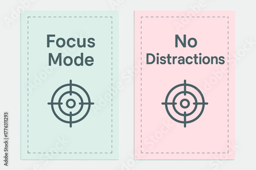Focus Mode Banners. Focus. Two vertical A6 banners with safe margins, centered composition, no elements touching edges, minimal, pastel mint and pink, focus