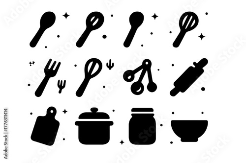 Wooden Spoon Icons. Wooden Spoon. Solid icons set of Wooden Spoon: cooking spoon, slotted spoon, ladle, spatula, fork, whisk, measuring spoon, rolling pin,