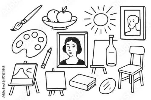 Art Supplies Doodle. Realism painting. Hand-drawn doodle illustration realism painting brush, fruit bowl, portrait, light rays, frame, palette, easel, pencil,
