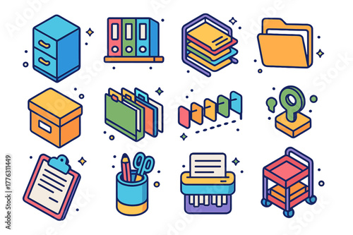 Colorful Office Icons Set. Office storage and filing. Colorful isometric vector icons set of Office storage and filing: file cabinet, binder shelf, paper tray,