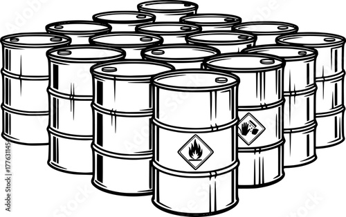 Black and White Vector Graphic of Multiple Industrial Metal Drums or Barrels Used for Oil or Chemical Storage
