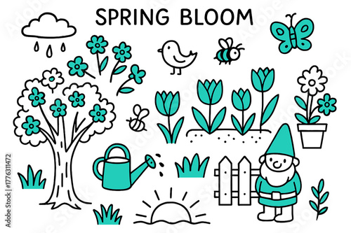 Springtime Garden Doodles. // Spring bloom. Hand-drawn doodle illustration Spring bloom [blossoming tree (accented), tulips (accented), garden bed, bird,
