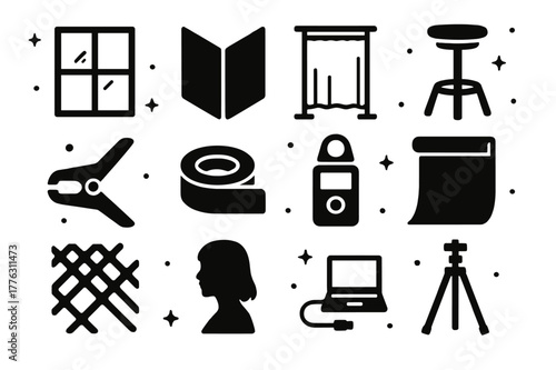 Studio Photography Essentials. Window Light in Studio Photography. Solid icons set of Window Light in Studio Photography: large window, V-flat reflector,