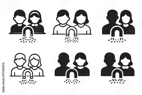 Student Experiment Icons. Students participating in hands-on experiments. Icon set. Set Logo of students participating in hands-on experiments: magnet with