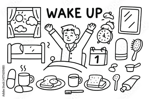 Morning Wake-Up Doodles. Wake Up. Hand-drawn doodle illustration Wake Up person stretching, bed, alarm clock, window, sunlight, pajamas, slippers, coffee cup,
