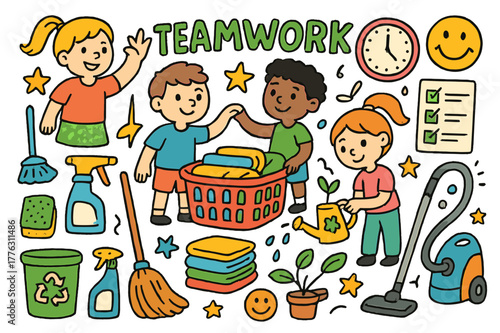 Teamwork Chore Icons. Teamwork chores. Colorful Hand-drawn doodle Children illustration Teamwork chores laundry basket, broom, dustpan, spray bottle, folded