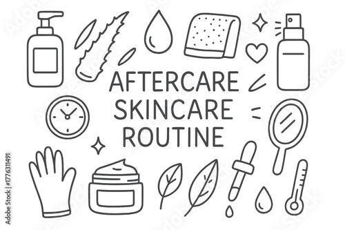 Skincare Routine Icons. Aftercare skincare routine. Hand-drawn doodle illustration Aftercare skincare routine lotion bottle, aloe leaf, droplet, cotton pad,