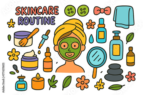 Skincare Essentials Doodle. skincare routine. Colorful Hand-drawn doodle Children illustration skincare routine face mask, cucumber slices, headband, towel,
