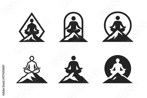 Mindfulness Logo Variations. A person practicing mindfulness and breathing exercises for self-improvement. Set Logo of A person practicing mindfulness and