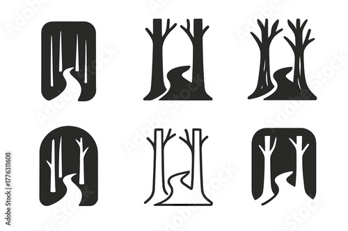 Forest Logo Variations. Forest shortcut. Set Logo of Forest shortcut: tree trunks forming opening. harmonious logo variations of the same emblematic concept,