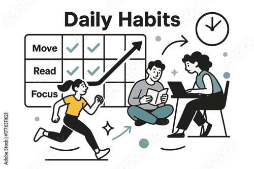 Essential Habits Grid. Vision Board ? Daily Habits. A neat habit grid with checkmarks gliding across; labels ?Move, Read, Focus?. A minimal clock and arrow