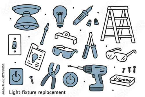 Light Fixture Doodle. // Light fixture replacement. Hand-drawn doodle illustration light fixture replacement [ceiling fixture (accented), light bulb