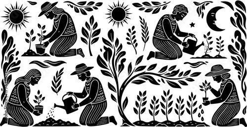 Tribal folk art scene of gardeners in blackwork style for nature design and decoration
