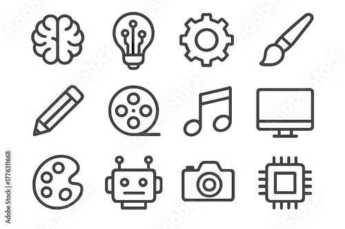 AI Creative Icons. AI in creative industries. Line outline icon set of AI in creative industries: brain,