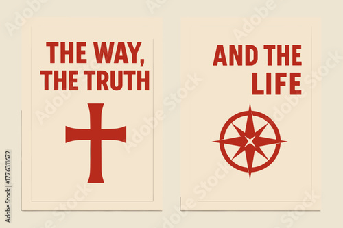 Truth and Way Banners. Truth and Way. Two vertical A6 banners with safe margins, centered composition, no elements touching edges, bold, red and beige, cross