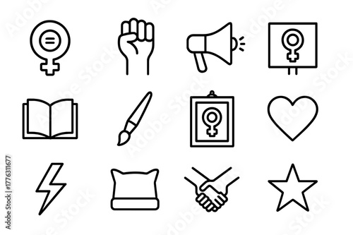 Feminist Icons Grid. Feminist art movement. Line icon set of feminist art movement: equality symbol, raised hand, megaphone, poster, book, paintbrush, gallery
