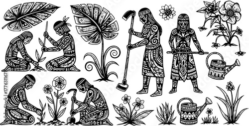 Tribal folk art scene of gardeners in blackwork style for nature design and decoration
