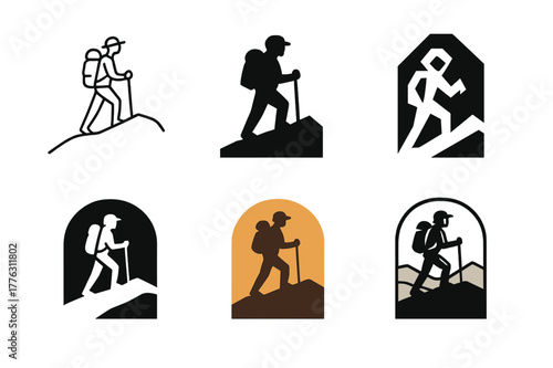 Trekker Logo Variations. Trekking in remote and unexplored areas. Set Logo of Trekking in remote and unexplored areas: lone trekker with backpack on ridge.