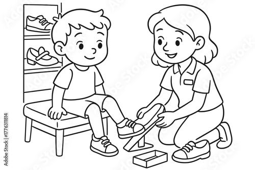 Shoe Fitting Coloring Book. Shoe fitting children?s coloring book illustration, outlined drawing, child trying