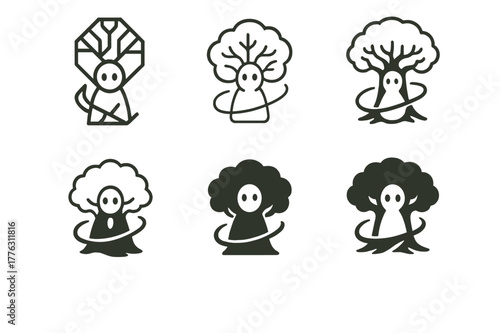 Forest Spirit Logo Variations. A forest spirit guarding an ancient oak tree. Set Logo of a forest spirit guarding an ancient oak tree: glowing wisp circling
