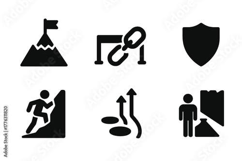 Overcoming Obstacles Icons. Overcoming obstacles. Filled icon set of overcoming obstacles: mountain peak,