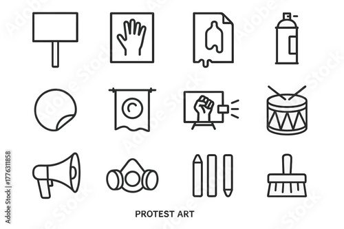 Protest Art Icons. Protest art. Line icon set of protest art: placard, stencil, wheatpaste poster, spray can, sticker, banner drop, projection mapping, drum,