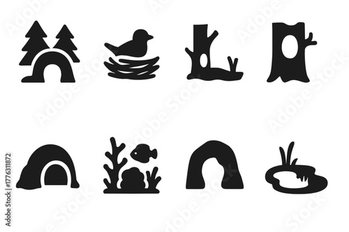 Animal Habitat Icons. Animal habitats. Filled icon set of animal habitats: forest den, bird nest, riverbank,