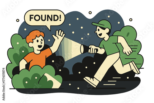 Flashlight Adventure. Flashlight Seek at Dusk. Cones of light sweep between hedges as firefly dots drift. A crisp tag reads ?Found!? near a raised hand and