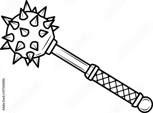 Vintage mace icon in black and white line drawing. This simple vector illustration showcases a spiked weapon in outline style.
