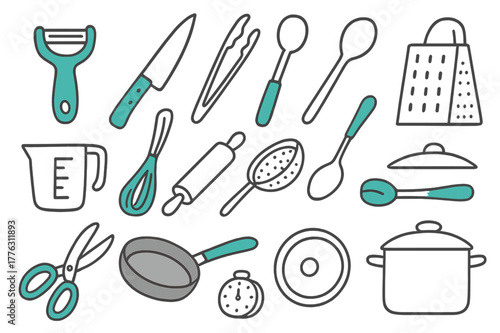 Doodle Cooking Tools. // Cooking tools. Hand-drawn doodle illustration cooking tools [vegetable peeler (accented), chef?s knife (accented), tongs, ladle, spoon