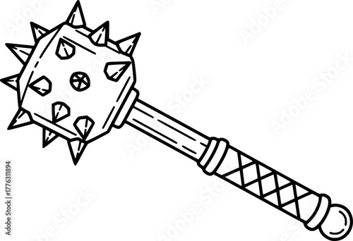 Vintage mace icon in black and white line drawing. This simple vector illustration showcases a spiked weapon in outline style.
