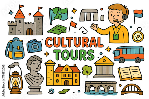 Cultural Tour Doodles. cultural tours. Colorful Hand-drawn doodle Children illustration cultural tours castle, museum, ancient monument, guide, map, flag,