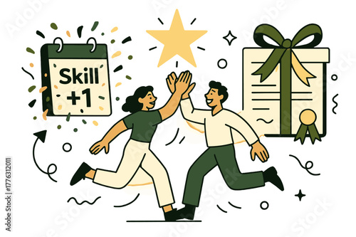 Milestone Celebration. Celebrating milestones. A calendar square bursts into confetti with ?Skill +?; teammates high-five under a rising star. A ribbon wraps a