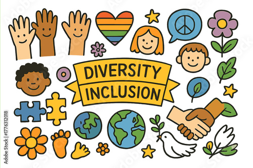 Colorful Diversity Doodle. Diversity and inclusion. Colorful Hand-drawn doodle Children illustration Diversity and inclusion hands of all colors, rainbow