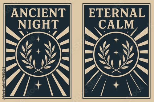 Ancestral Night Banners. Ancestral Darkness. Two vertical A6 banners with safe margins, centered composition, no elements touching edges, retro, indigo and
