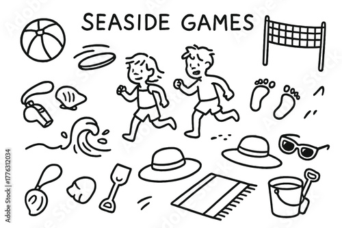 Seaside Activity Doodles. Seaside games. Hand-drawn doodle illustration seaside games beach ball, frisbee, volleyball net, running kids, footprints, wave