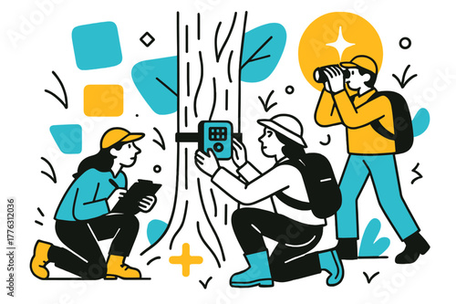 Abstract Wildlife Tracking. Wildlife Tracking. Team setting up camera traps in the forest with floating abstract geometric shapes and glowing accents, careful