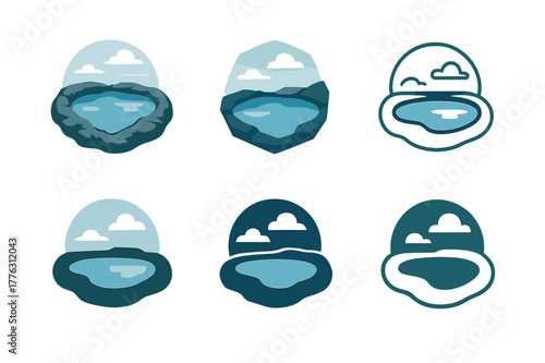 Tidal Pool Logos. Tidal pools and their diverse aquatic life. Set Logo of tidepool reflection: rock pool with mirrored sky. Icon set. harmonious logo