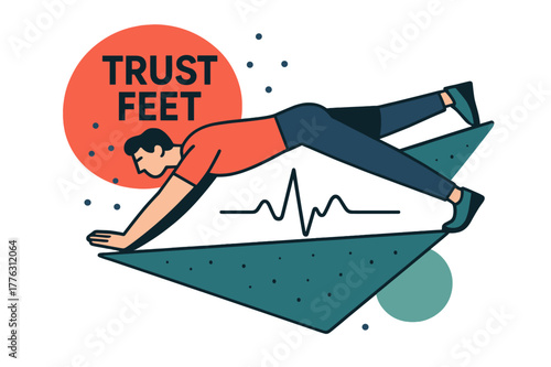 Slab Balance Artistry. Slab Balance Challenge. Palms press, toes smear, the body becomes a line; ?TRUST FEET? hovers as tiny grip dots drift. A calm heartbeat