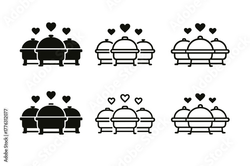 Wedding Buffet Logos. Private chef and catering services. Set Logo of wedding buffet: row of chafing dishes with subtle hearts. Icon set. harmonious logo