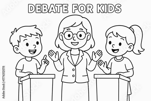 Kids' Debate Coloring Page. Debate for kids children?s coloring book illustration, outlined drawing, two friendly children standing at small podiums discussing
