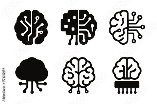 Microchip Brain Logos. Learning new technologies. Set Logo of Learning new technologies: microchip brain. Icon set. harmonious logo variations of the same