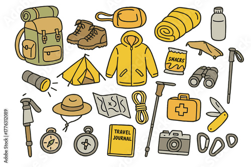 Colorful Camping Gear. Camping pack. Hand-drawn doodle illustration backpack (colored), duffel bag (colored), sleeping bag (colored), water bottle (colored),