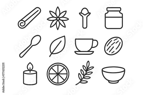 Spice Icon Set. Spices and aromas. Line outline icon set of spices and aromas: cinnamon stick, star anise,