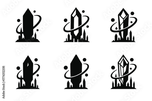 Mystical City Logos. A mystical city with towering spires and floating orbs of light. Set Logo of A mystical city with towering spires and floating orbs of