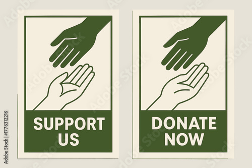Support and Donate Banners. Supporters. Two vertical A6 banners with safe margins, centered composition, no elements touching edges, geometric, olive green and