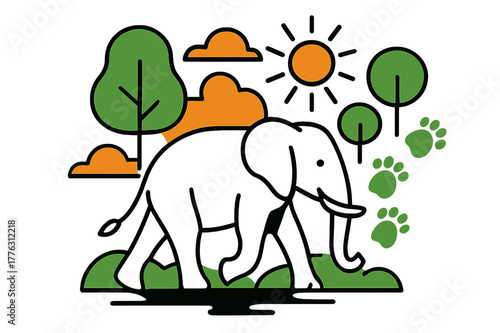 Geometric Jungle Elephants. Jungle wildlife. An elephant walking in a protected reserve, floating abstract