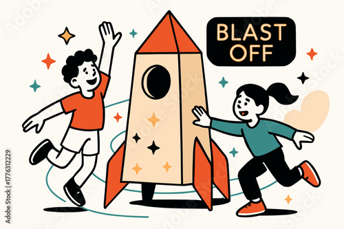 Playroom Rocket Launch. Playroom ? Rocket launch corner. Cardboard rocket stands ready; star stickers and orbit lines lift from the floor. The words ?BLAST